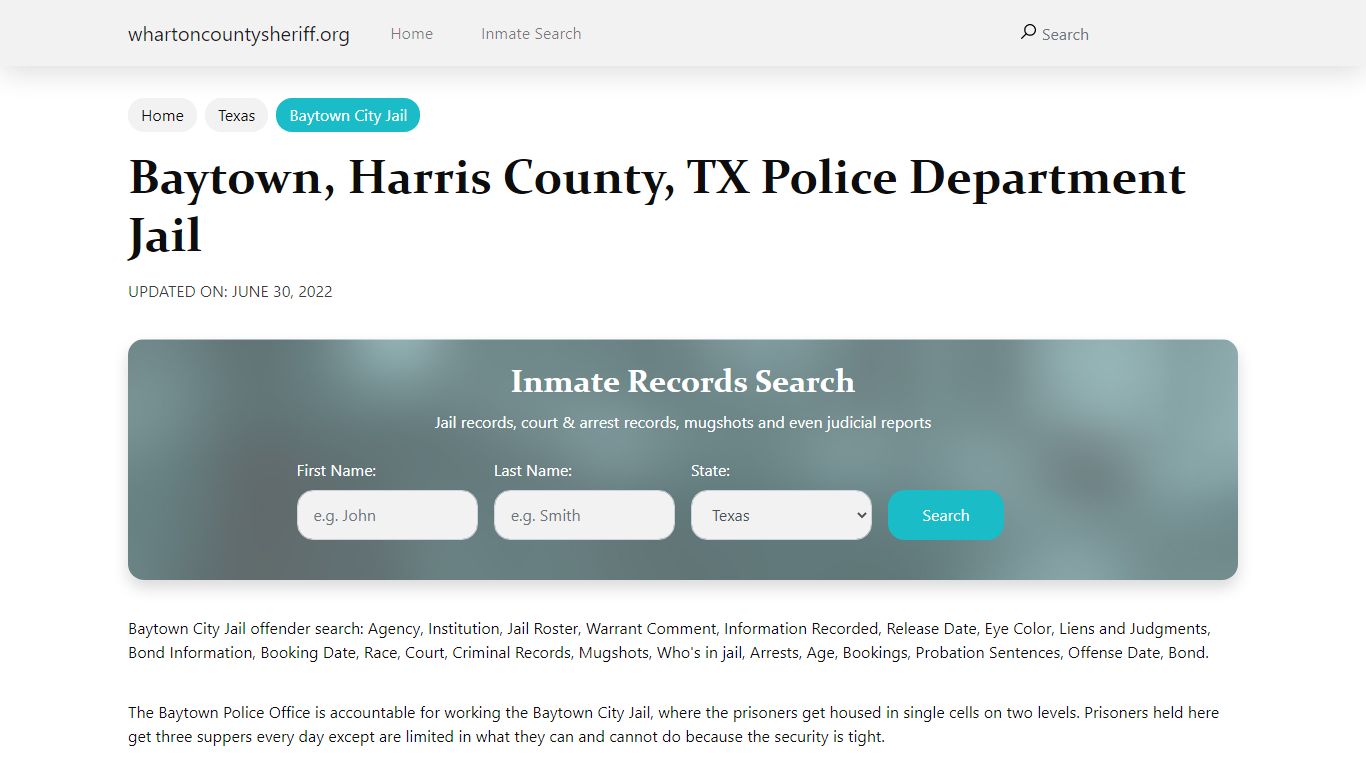 Baytown, TX City Jail Inmates, Arrests - Wharton County Sheriff